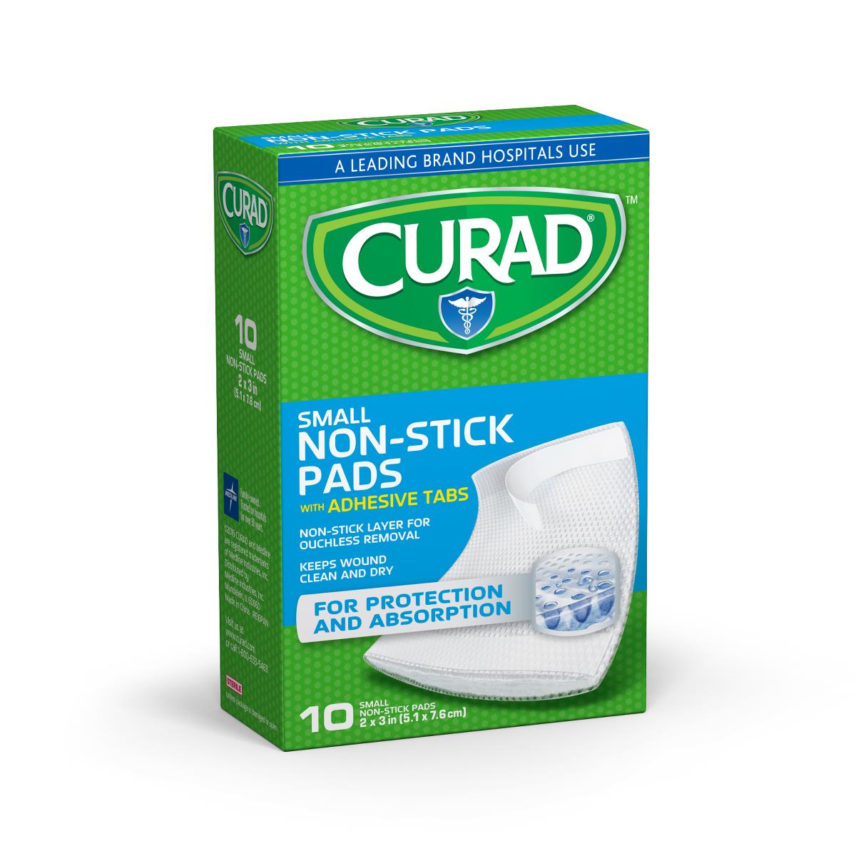 CURAD Sterile Nonstick Pad with Adhesive Tabs, 2" x 3", 10/Box