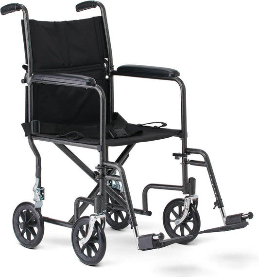 Basic Steel Transport Chair with Permanent Full-Length Arms and Swing-Away Footrests, 250 lb. Capacity, 19" Wide, Black