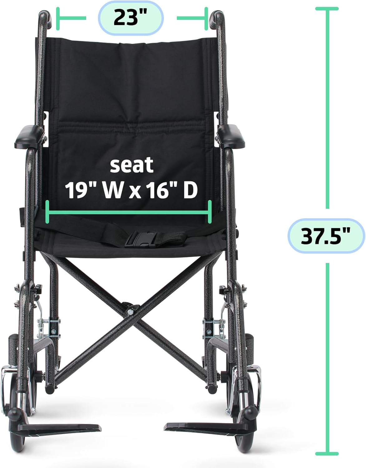 Basic Steel Transport Chair with Permanent Full-Length Arms and Swing-Away Footrests, 250 lb. Capacity, 19" Wide, Black