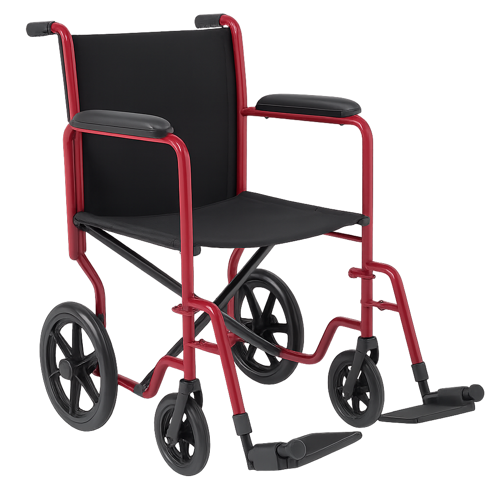 Basic Aluminum Transport Chair with Permanent Full-Length Arms, Swing-Away Footrests and 12" Wheels, Red