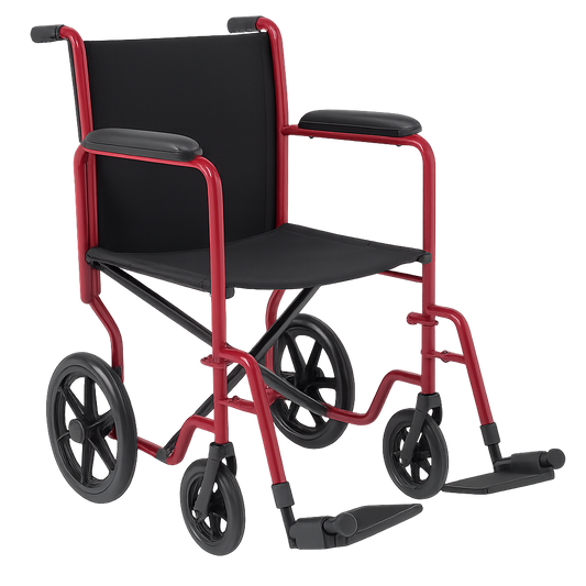 Basic Aluminum Transport Chair with Permanent Full-Length Arms, Swing-Away Footrests and 12" Wheels, Red