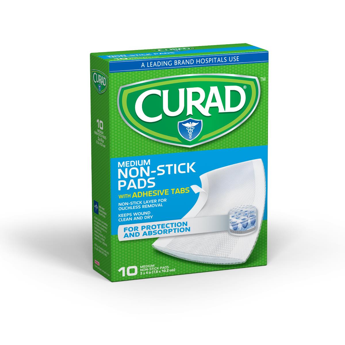 CURAD Sterile Nonstick Pad with Adhesive Tabs, 3" x 4", 10/Box