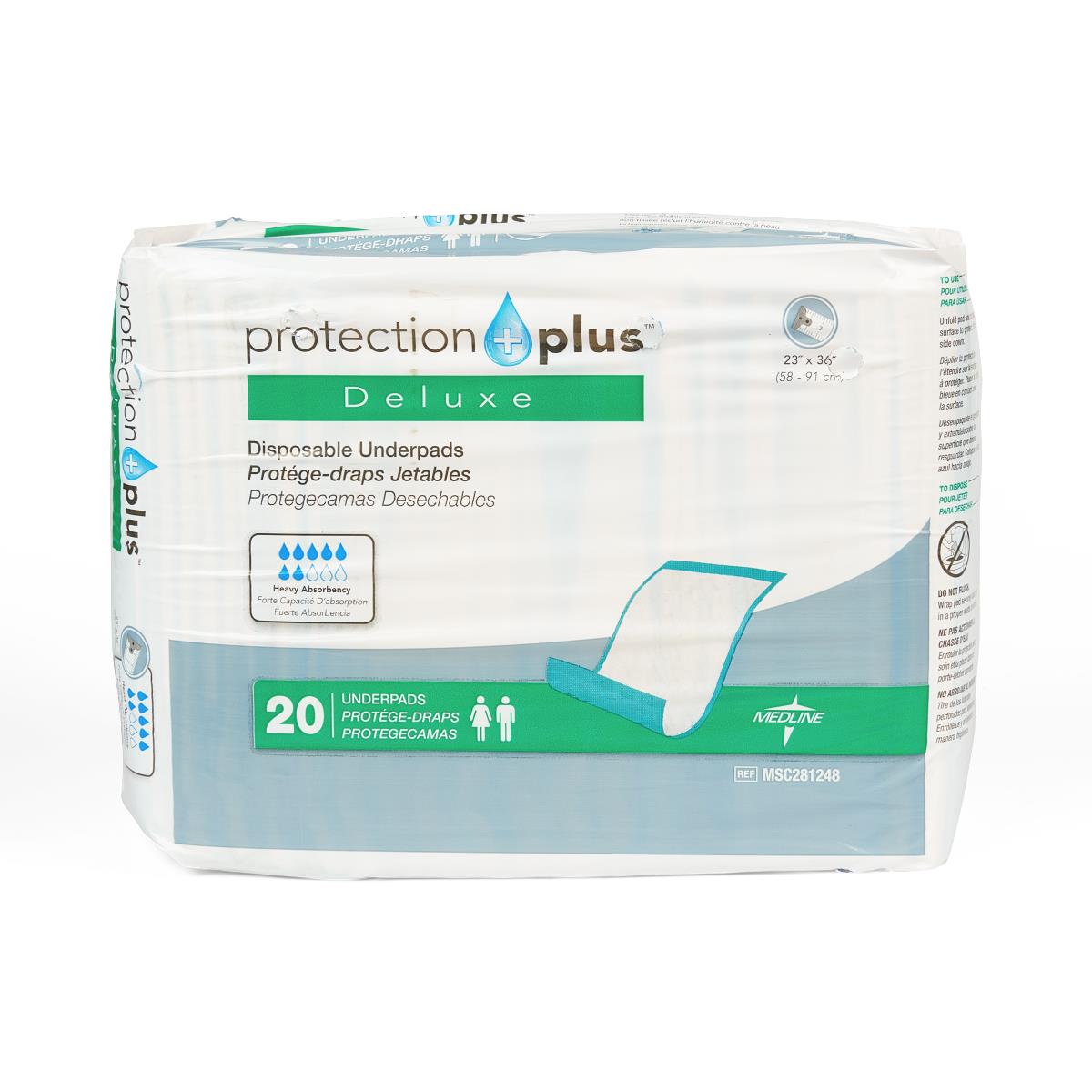 Protection Plus Underpad, Moderate Absorbency, 23" x 36", Blue, Inner Packs of 10/Bag