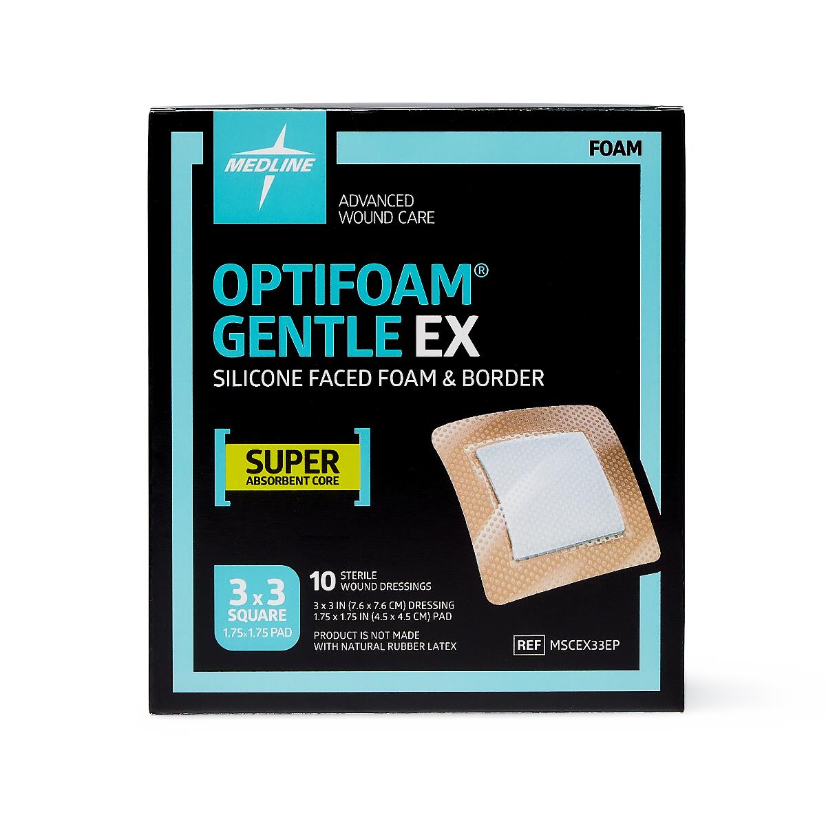 Optifoam Gentle EX Bordered Foam Dressing in Educational Packaging, 3" x 3"