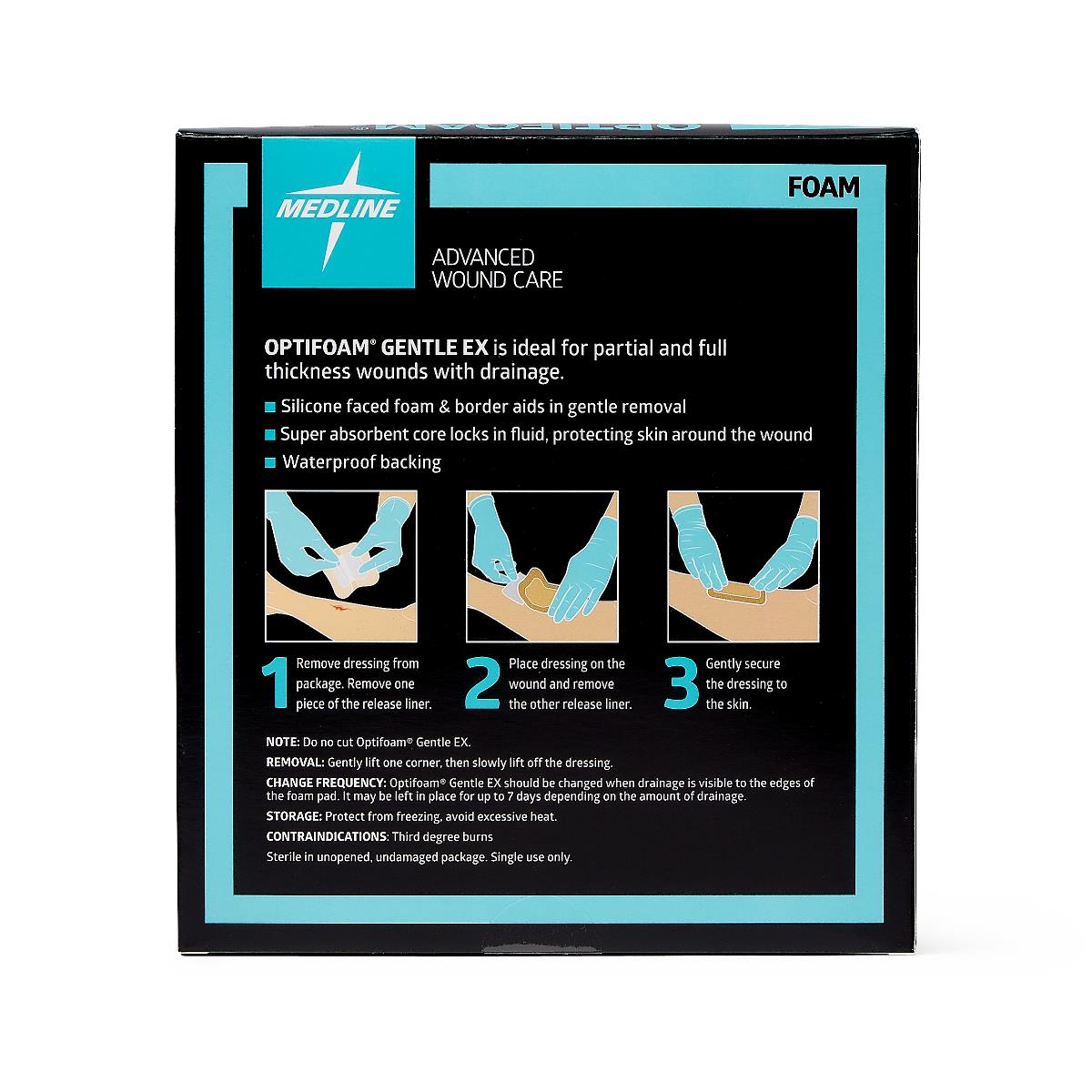 Optifoam Gentle EX Bordered Foam Dressing in Educational Packaging, 4" x 4"