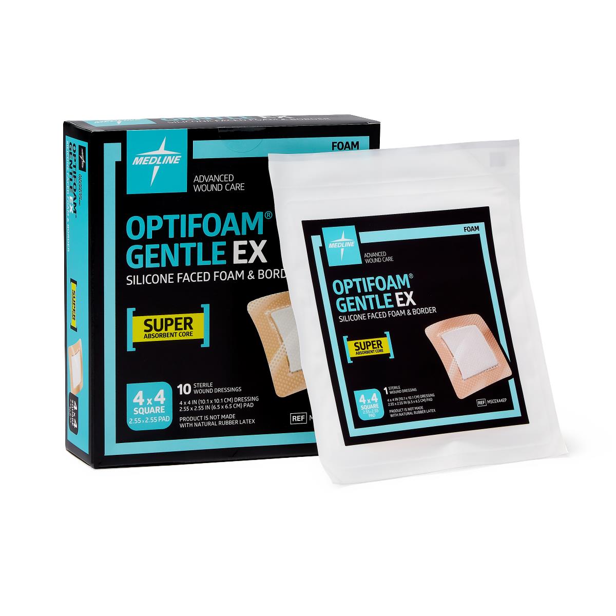 Optifoam Gentle EX Bordered Foam Dressing in Educational Packaging, 4" x 4"