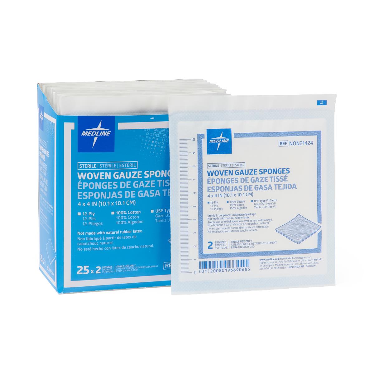 Woven Sterile Gauze Sponges, 4" x 4", 12-Ply, 2/Pack