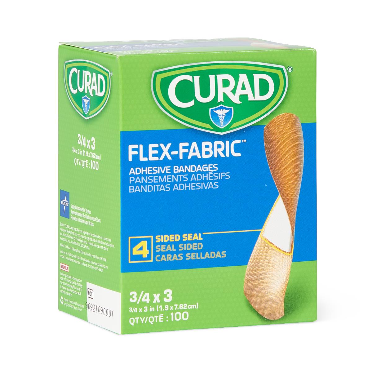 CURAD Flex-Fabric Adhesive Bandages, 3/4" x 3" Strips, 100/Box