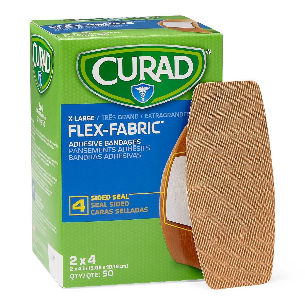 CURAD Flex-Fabric Adhesive Bandages, Extra Large 2" x 4" Strips, 50/Box