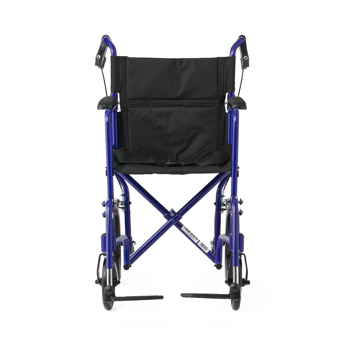 Basic Aluminum Transport Chair with Permanent Full-Length Arms, Swing-Away Footrests and 12" Wheels, Blue