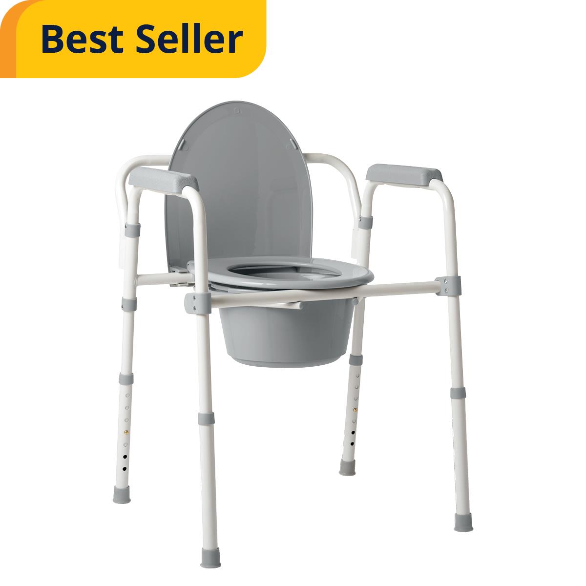 Steel 3-in-1 Folding Commode, Includes Seat with Lid, Bucket, Armrests, and Splashguard