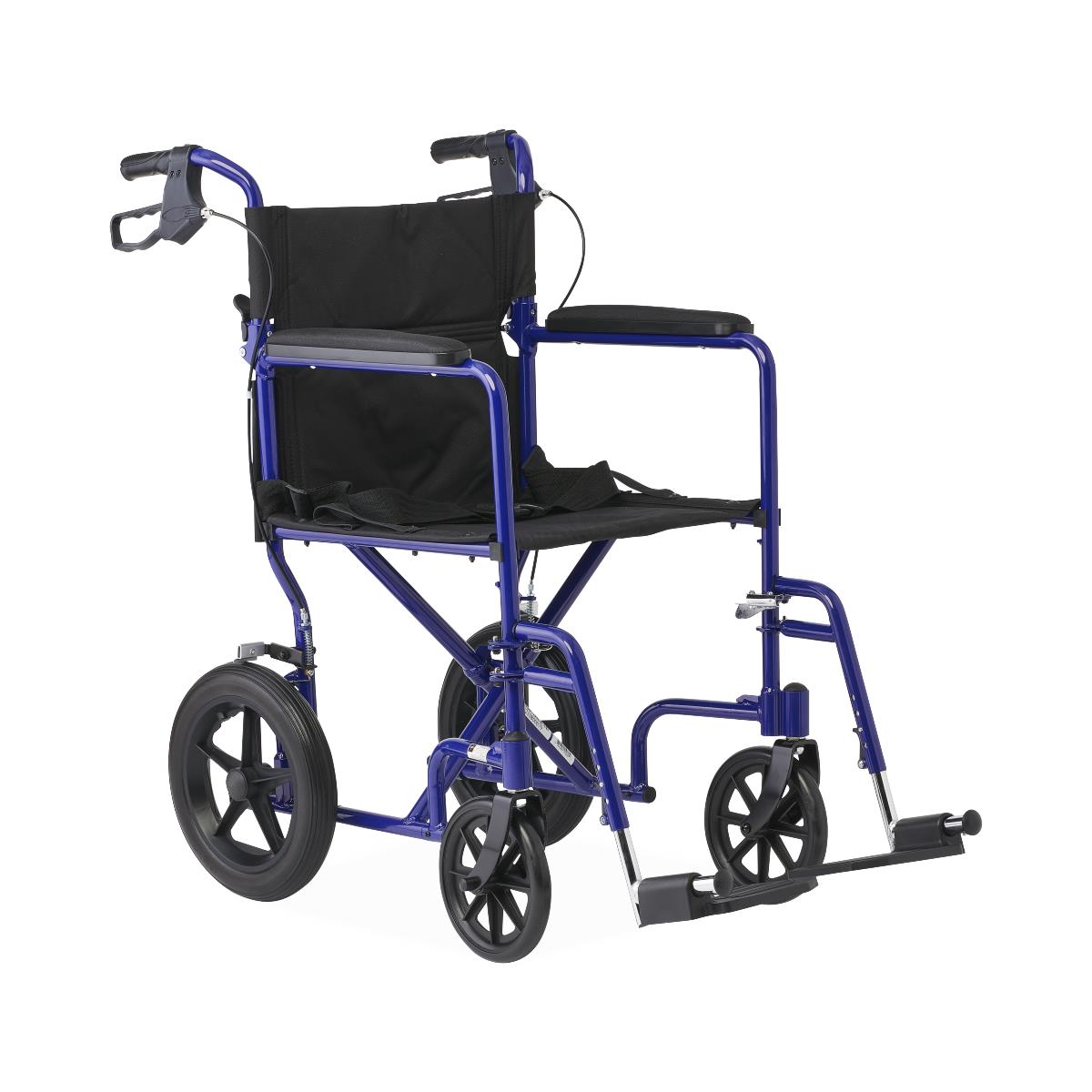 Basic Aluminum Transport Chair with Permanent Full-Length Arms, Swing-Away Footrests and 12" Wheels, Blue